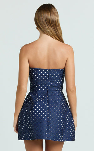Benson Playsuit - Strapless Fit and Flare Playsuit in Navy Polka Dot