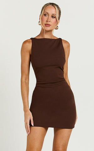 Bindi Boat Neck Bodycon Mini Dress in Chocolate
