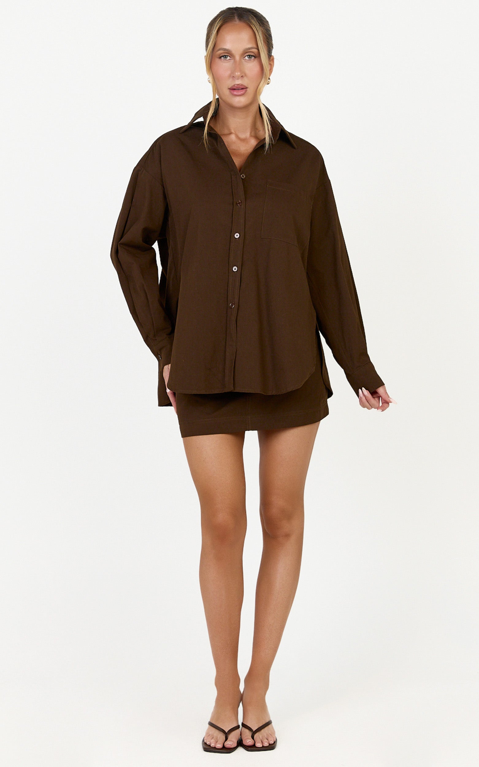 Blanche Top - Oversized Patch Pocket Long Sleeve Shirt in Dark Chocolate
