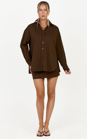Blanche Top - Oversized Patch Pocket Long Sleeve Shirt in Dark Chocolate