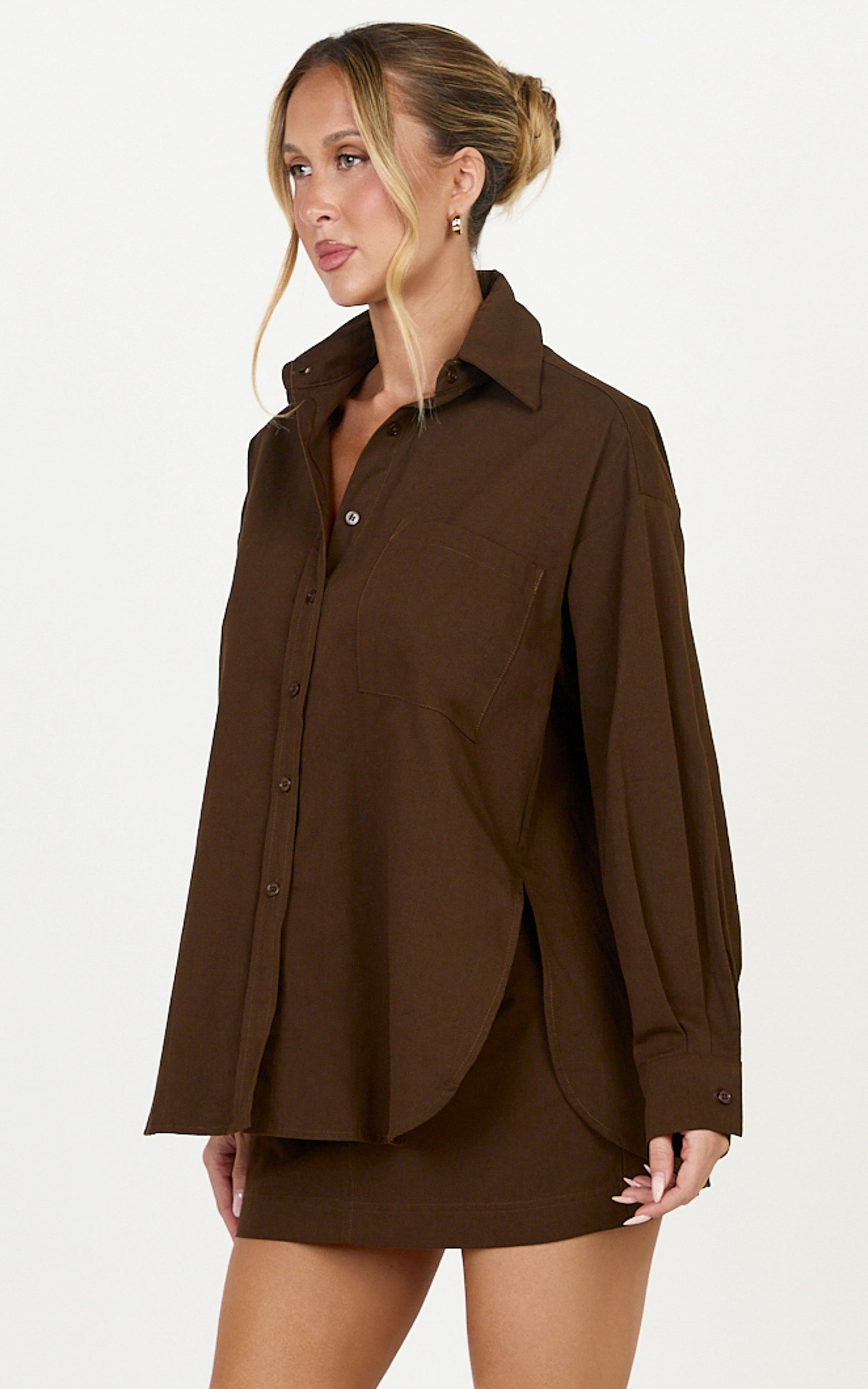 Blanche Top - Oversized Patch Pocket Long Sleeve Shirt in Dark Chocolate