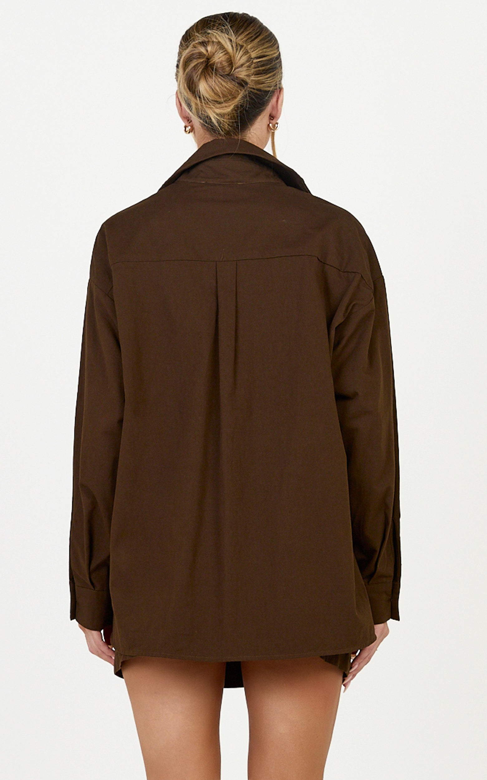 Blanche Top - Oversized Patch Pocket Long Sleeve Shirt in Dark Chocolate
