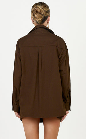 Blanche Top - Oversized Patch Pocket Long Sleeve Shirt in Dark Chocolate
