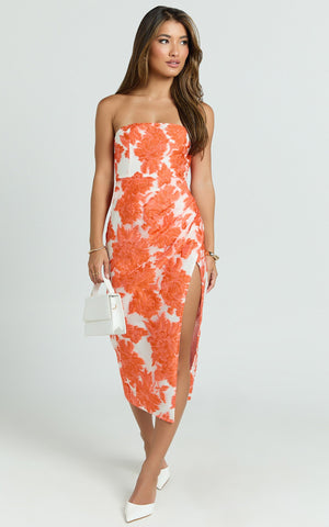 Brailey Midi Dress - Thigh Split Strapless Dress in Orange & White Jacquard