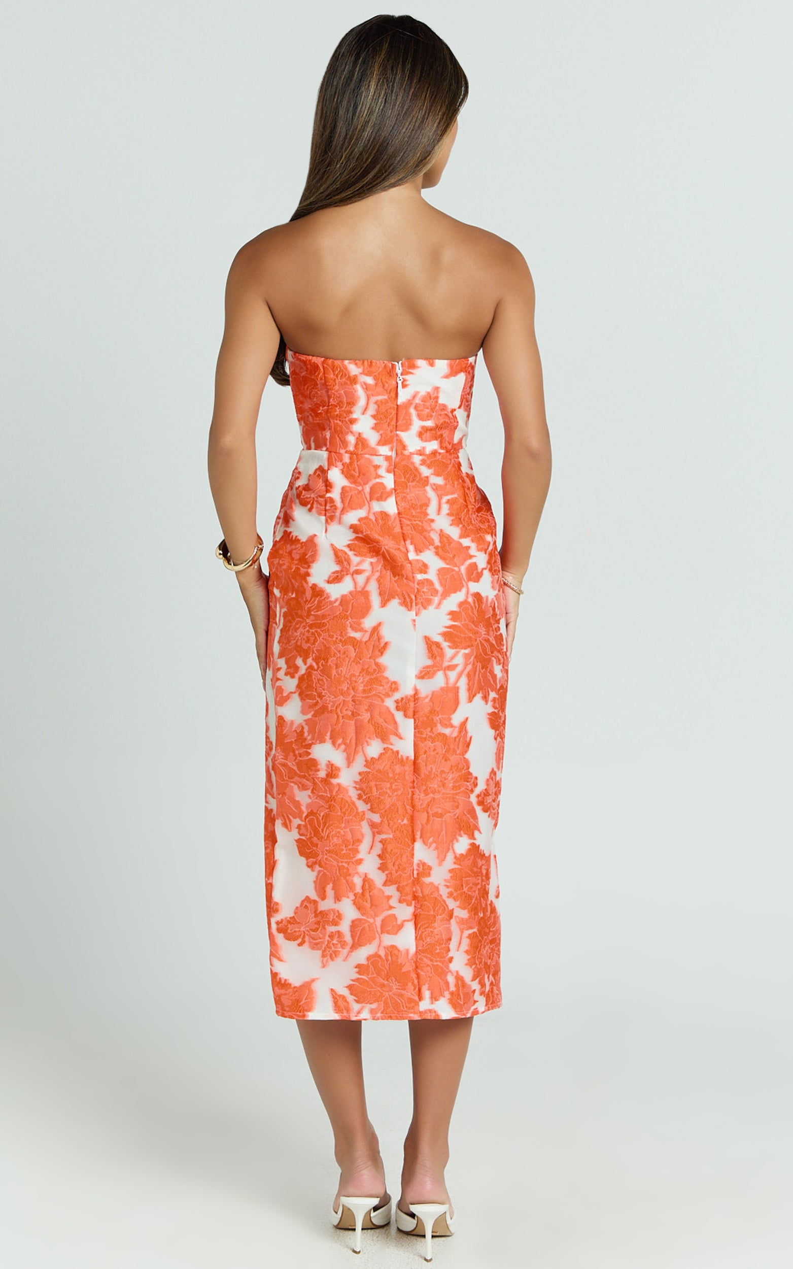 Brailey Midi Dress - Thigh Split Strapless Dress in Orange & White Jacquard