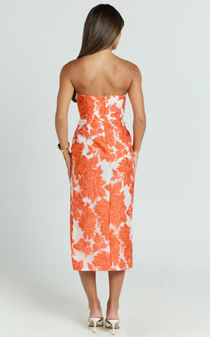 Brailey Midi Dress - Thigh Split Strapless Dress in Orange & White Jacquard