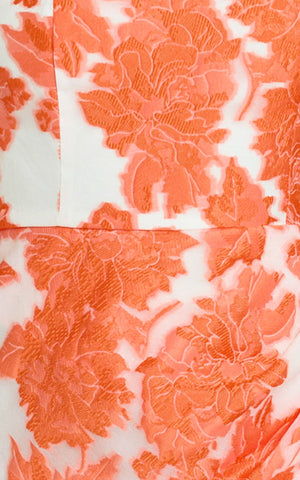 Brailey Midi Dress - Thigh Split Strapless Dress in Orange & White Jacquard