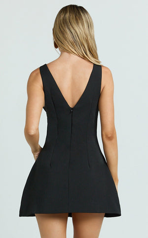 Calista Mini Dress - Princess Panel Button Down Dress in Black