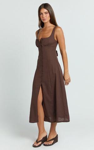 Cameron Midi Dress - Button Front Tie Back Dress in Chocolate