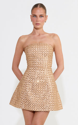 Camille Mini Dress - Strapless Structured Beaded Sequin Dress in Gold