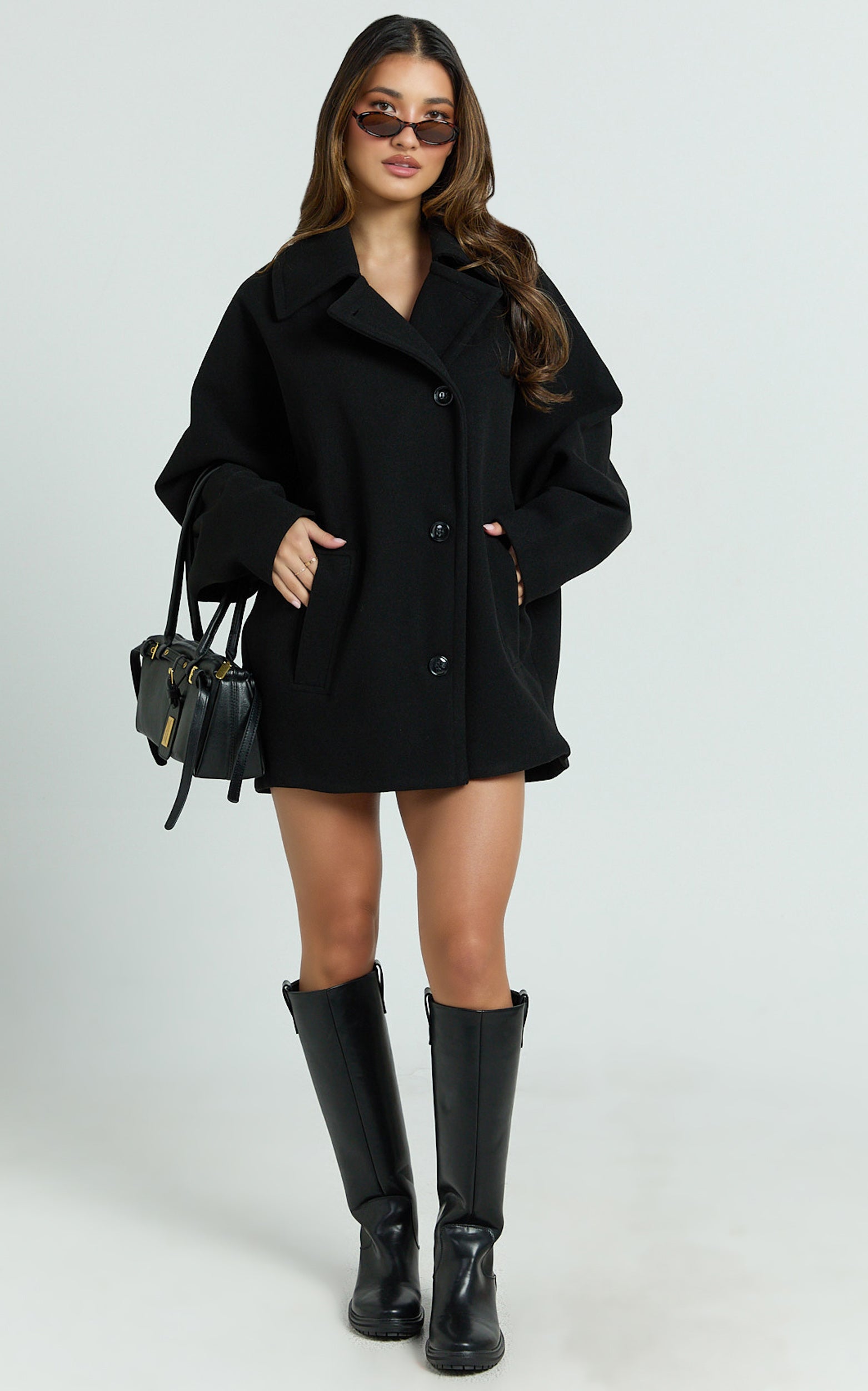 Claudia Coat - Oversized Three-Button Front Closure Coat in Black