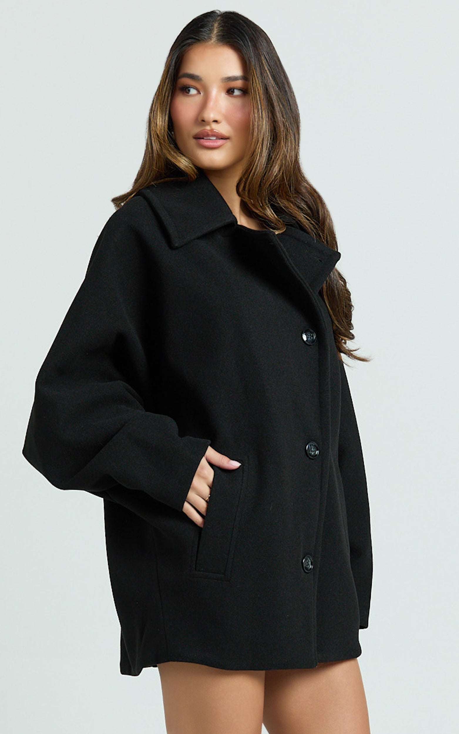 Claudia Coat - Oversized Three-Button Front Closure Coat in Black