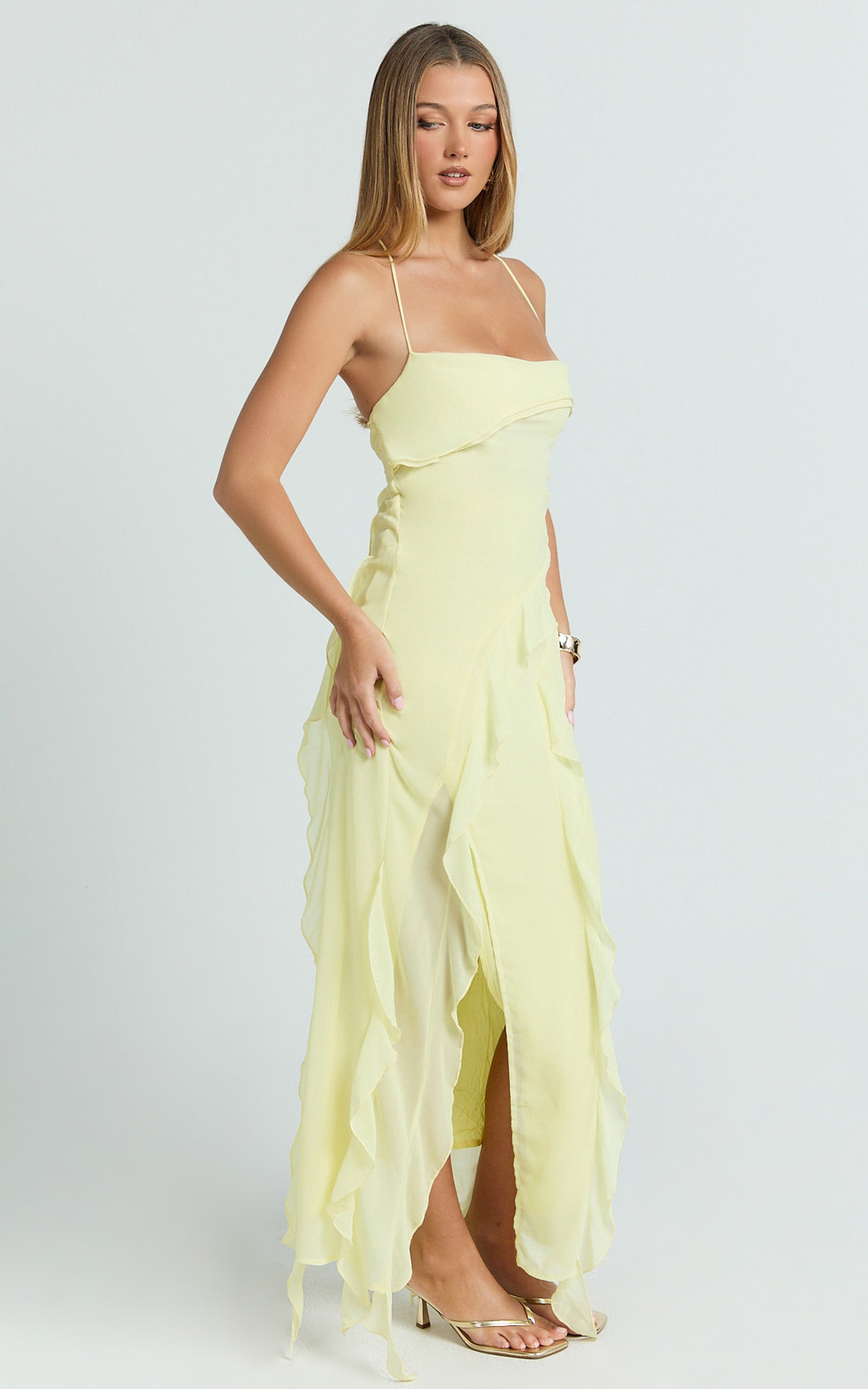 Connie Midi Dress - Ruffle Detail Dress in Lemon