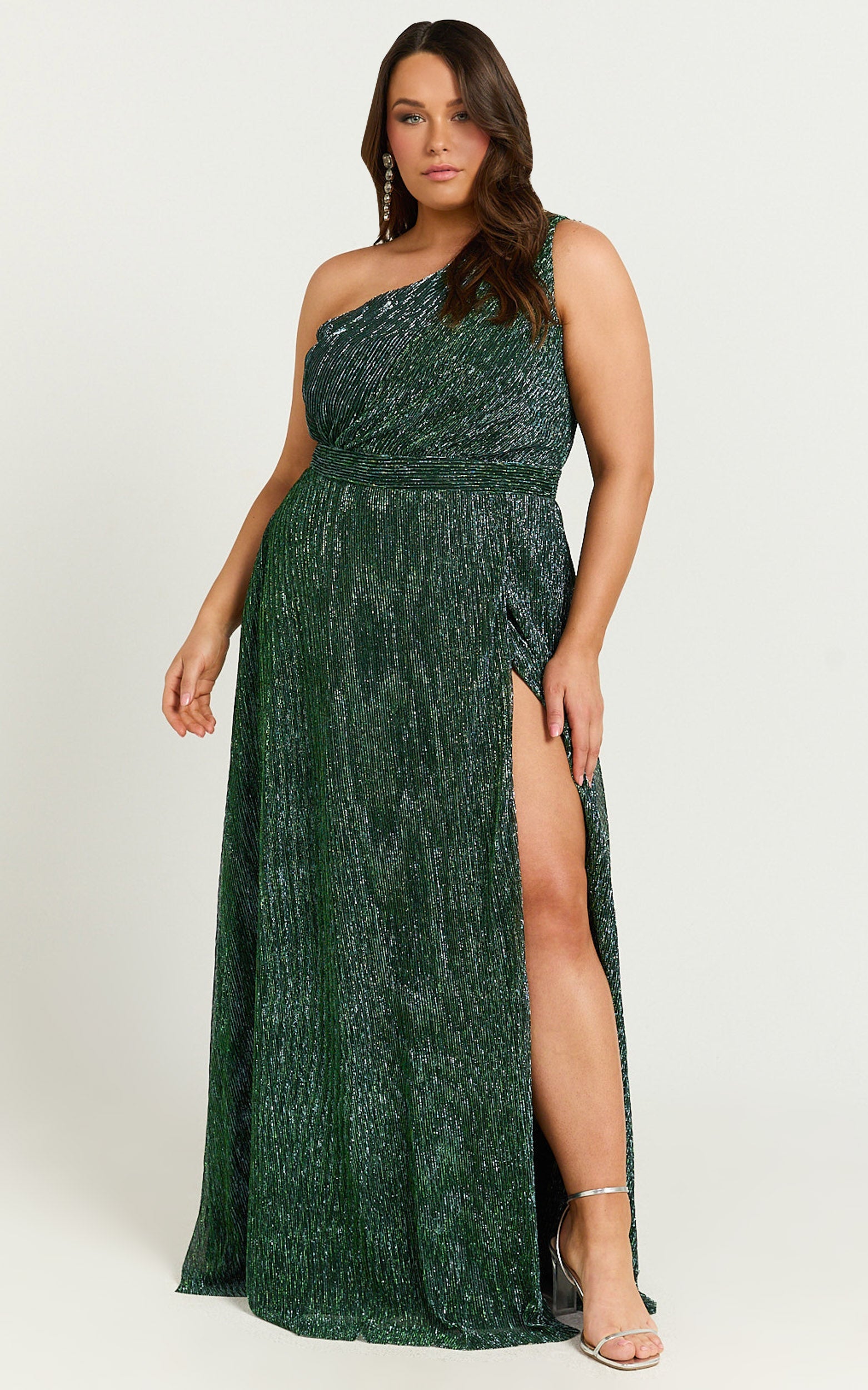 Isra Maxi Dress - Lurex Slit Cut Out One Shoulder Dress in Emerald