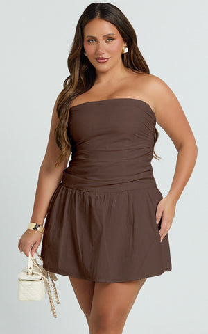 Donatella Mini Dress - Strapless Drop Waist Dress in Chocolate