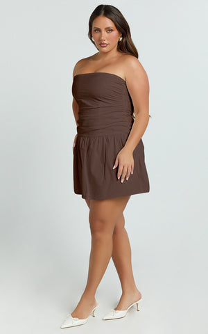 Donatella Mini Dress - Strapless Drop Waist Dress in Chocolate