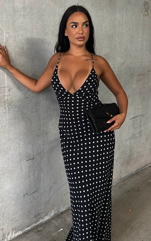 Quincy Maxi Dress - Satin Slip Dress in Black Polka Dot