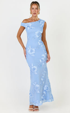 Flora Midi Dress - One Shoulder Dress in Blue