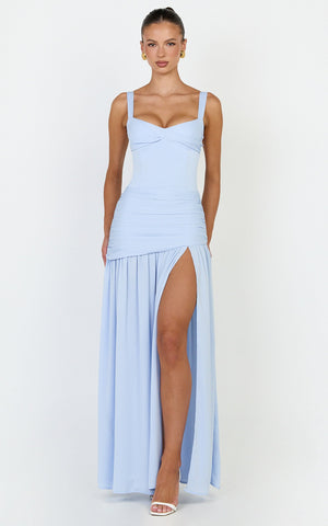 Freya Maxi Dress - Twist Bust Detail Drop Waist Dress in Blue