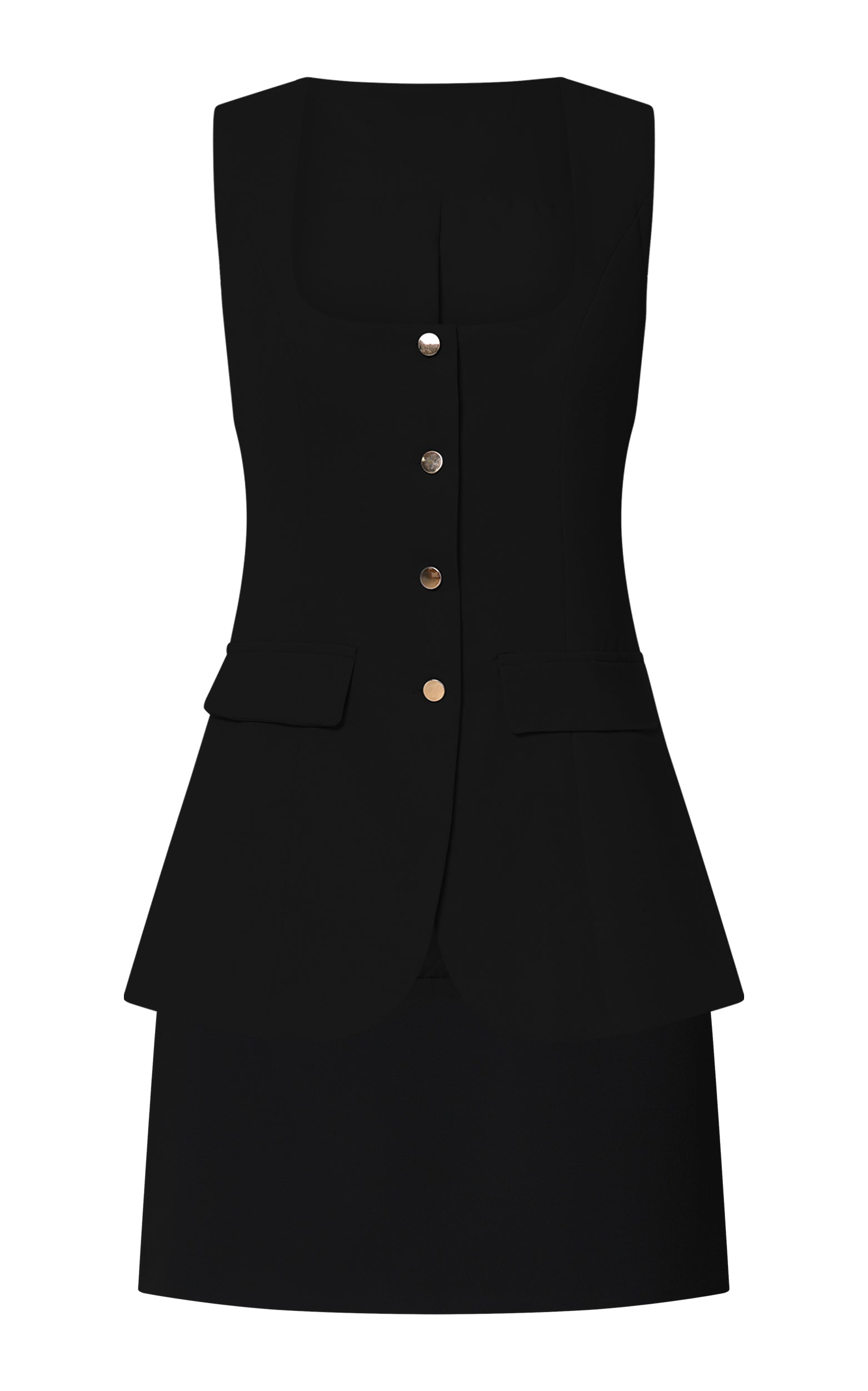 Phyllis Two Piece Set - Tailored Scoop Neck Vest Top and A Line Mini Skirt Set with Gold Buttons in Black