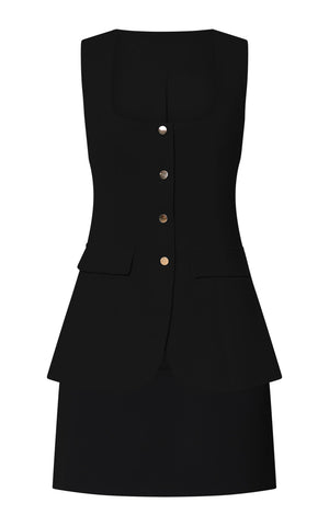 Phyllis Two Piece Set - Tailored Scoop Neck Vest Top and A Line Mini Skirt Set with Gold Buttons in Black