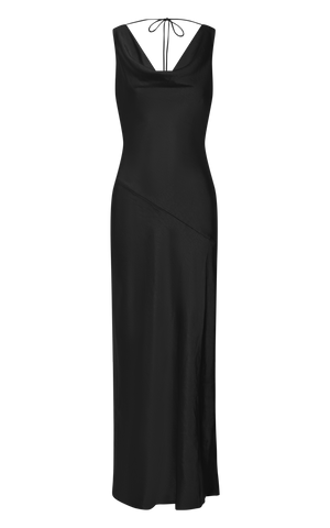 Adilah Maxi Dress - Cowl Neck Satin Dress in Black