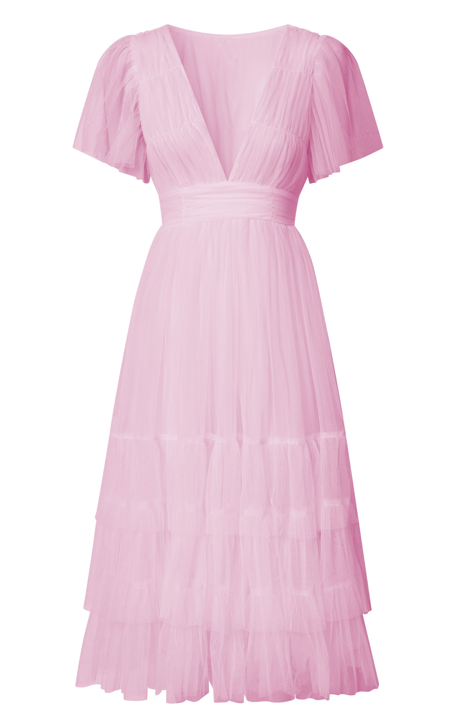 Jiraye Midi Dress - Flutter Sleeve Tuelle Plunge Dress in Ballet Pink