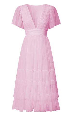 Jiraye Midi Dress - Flutter Sleeve Tuelle Plunge Dress in Ballet Pink