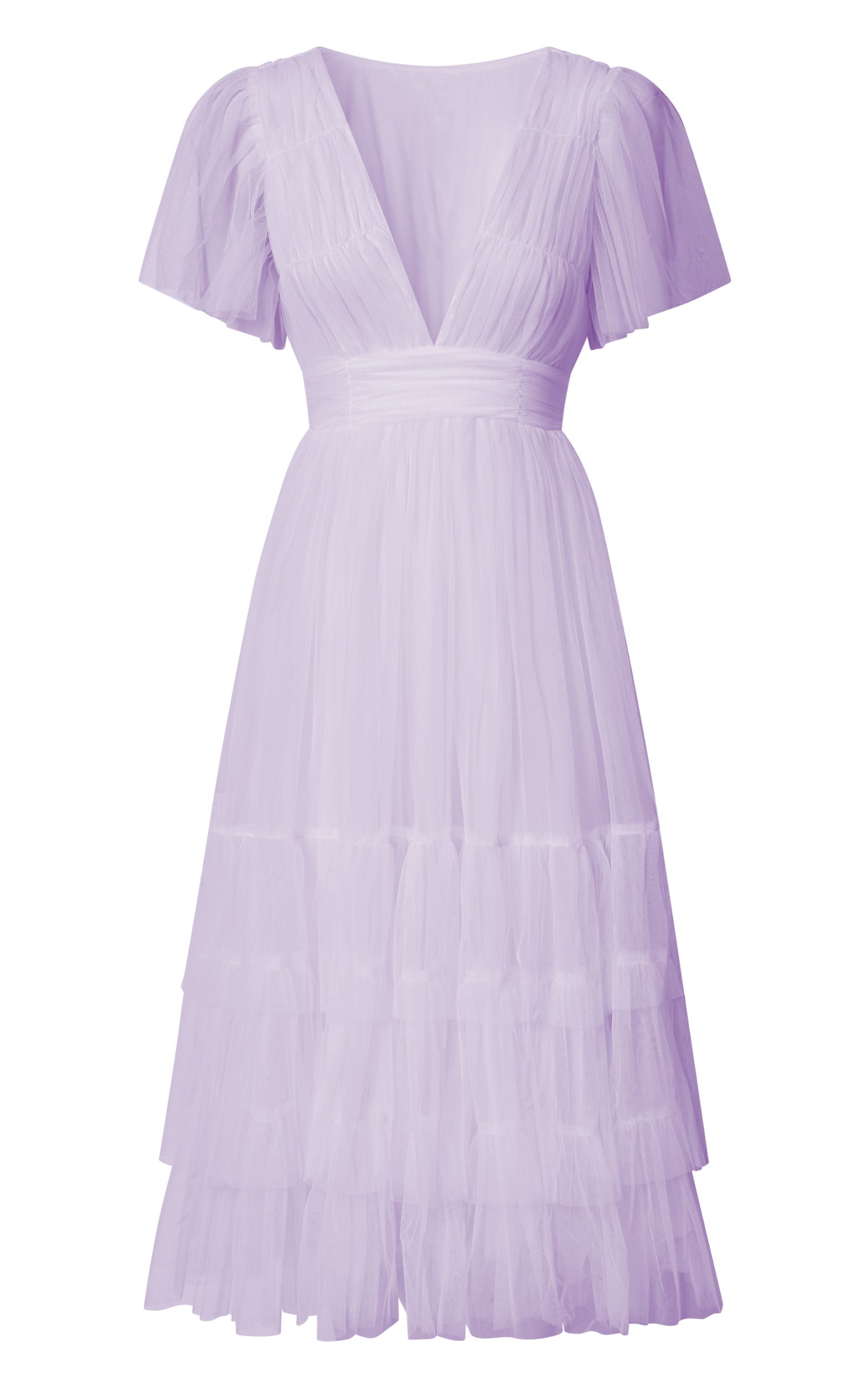Jiraye Midi Dress - Flutter Sleeve Tuelle Plunge Dress in Lilac