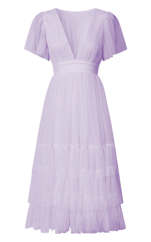 Jiraye Midi Dress - Flutter Sleeve Tuelle Plunge Dress in Lilac