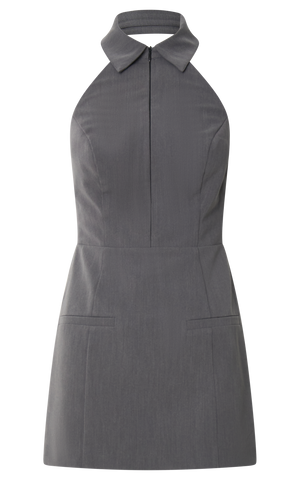 Latisha Mini Dress - Halter Collared Fitted Dress in Grey