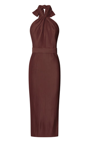 Marlette Midi Dress - Pleated Open Back Halter Dress in Chocolate