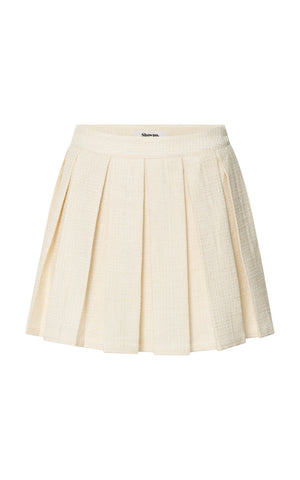 Maggie Mini Skirt - Pleated Mid Rise Boucle Skirt in Cream