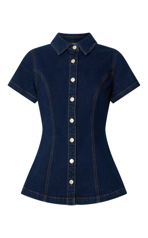 Paige Top - Button Down Short Sleeve Denim Top in Dark Blue Wash