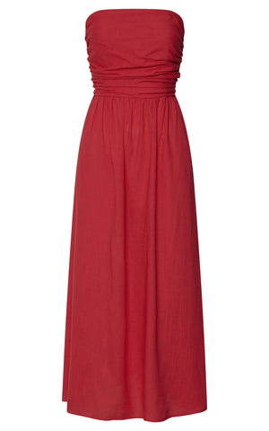 Polly Midi Dress - Strapless Ruched Dress in Red