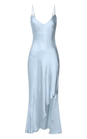 Ylona Midi Dress - Asymmetric Draped Bias Cut Satin Slip Dress in Ice Blue