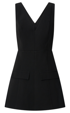 Zareena Mini Dress - V Neck Structured Tulip Pocket Detail Dress in Black
