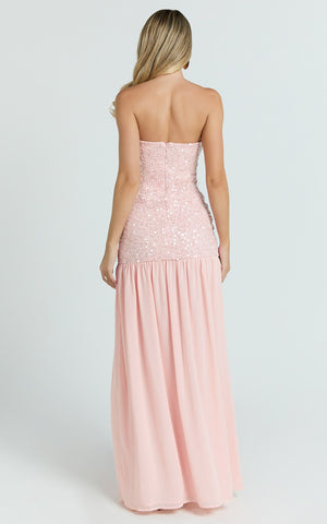 Georgina Maxi Dress - Sequin Strapless Front Split Dress in Pink
