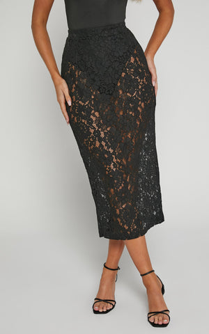 Jazmin Midi Skirt - Lace Skirt in Black