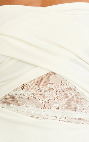 Juliet Mini Dress - Off Shoulder Lace Contrast Dress in Ivory