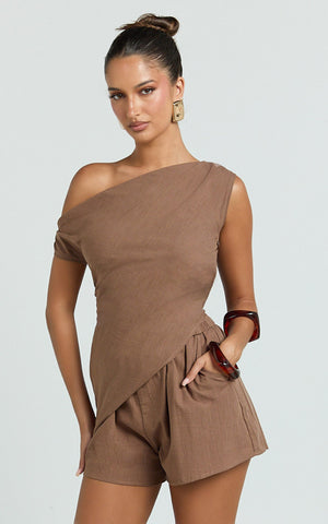 Kate Two Piece Set - Asymmetrical One Shoulder Short Set in Chocolate