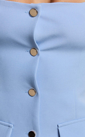 Kenna Mini Dress - Square Neck Button Down Mini Dress in Powder Blue