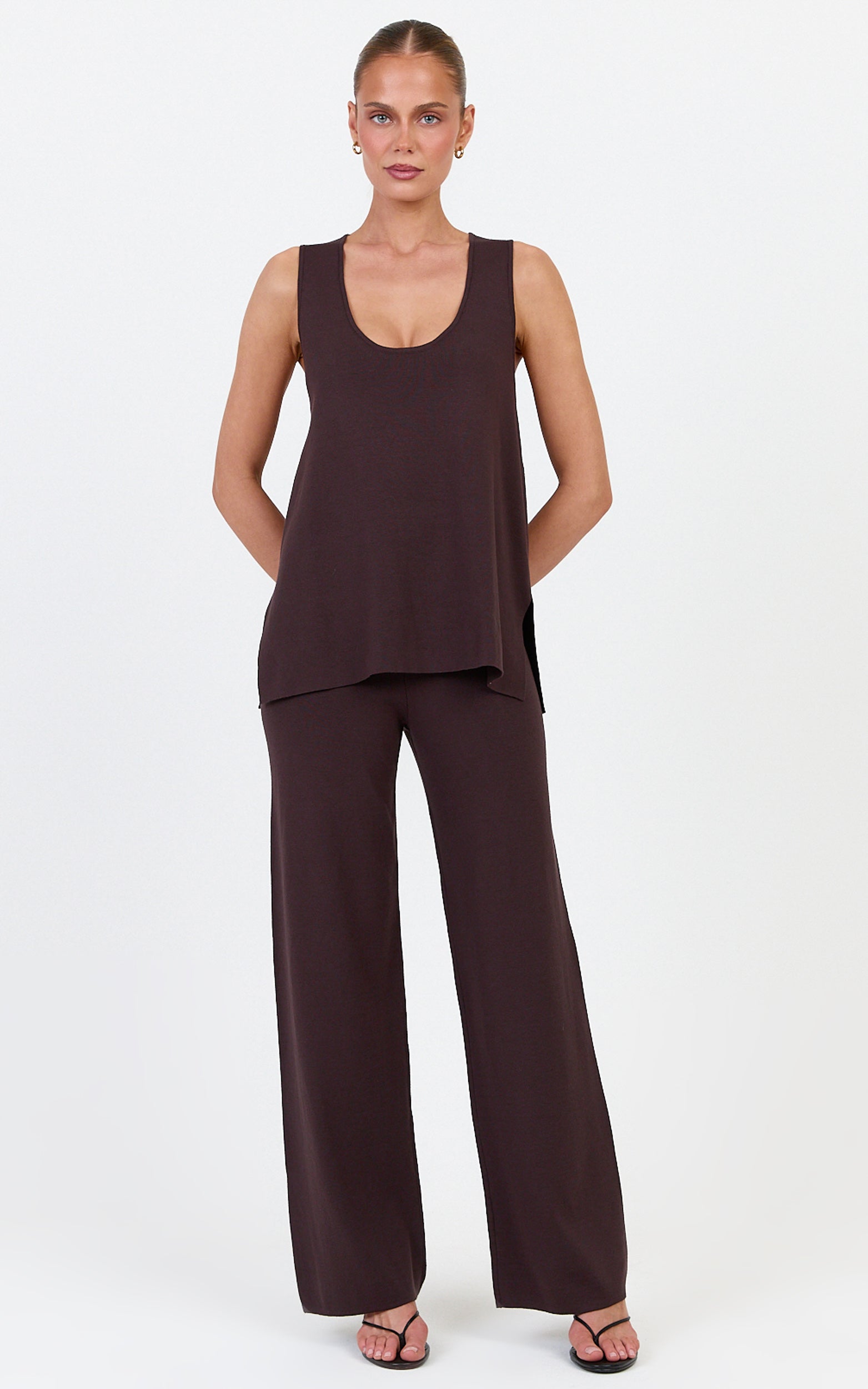 Leonie Two Piece Set - Knit Shell Top and Pant Set in Chocolate