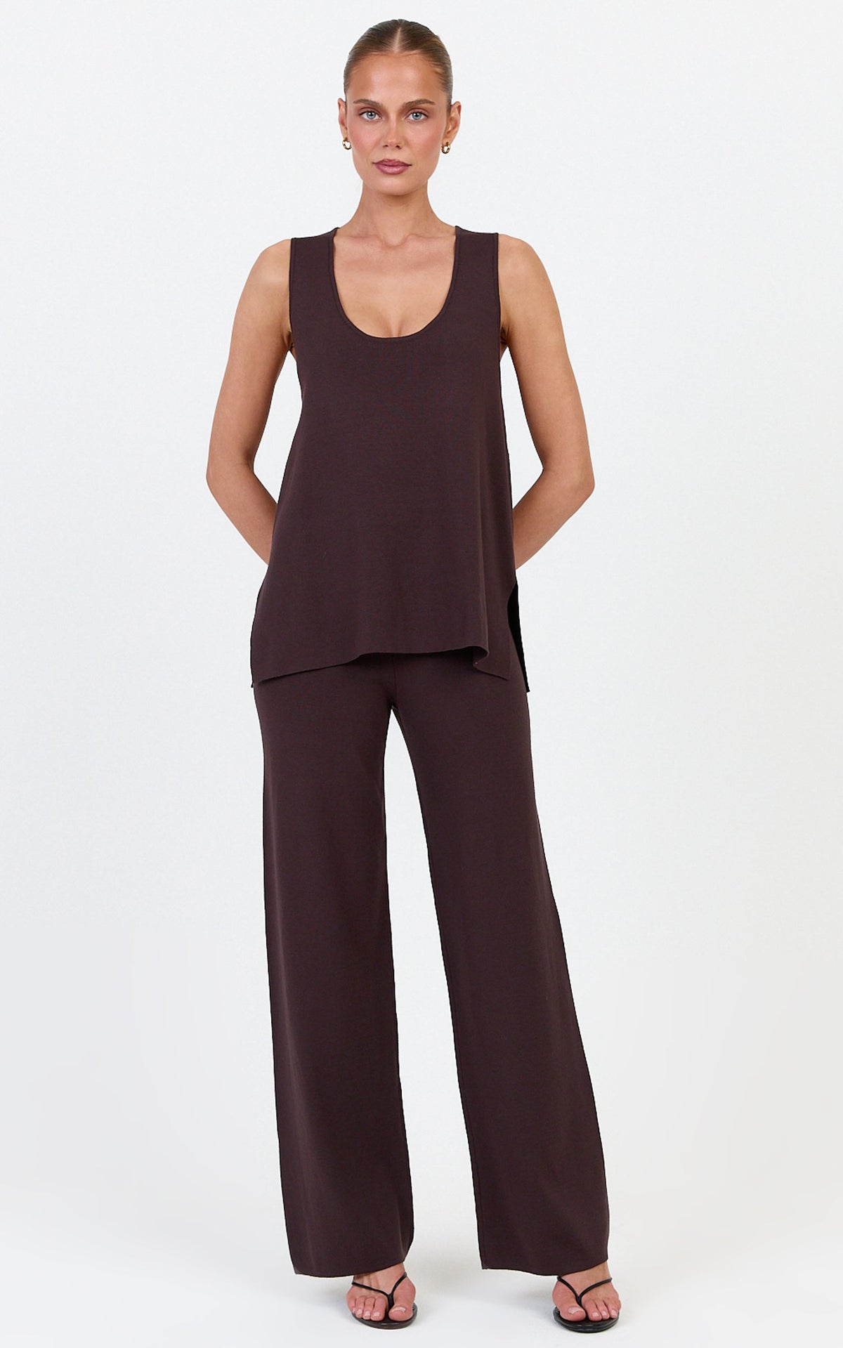 Leonie Two Piece Set - Knit Shell Top and Pant Set in Chocolate