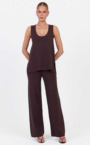 Leonie Two Piece Set - Knit Shell Top and Pant Set in Chocolate