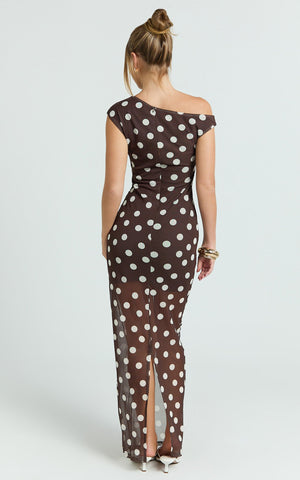 Lia Maxi Dress - Off Shoulder Slip Dress in Chocolate White Spot