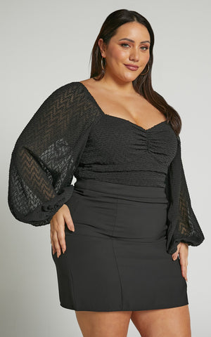 Lunara Bodysuit - Textured Ballon Sleeve Bodysuit in Black