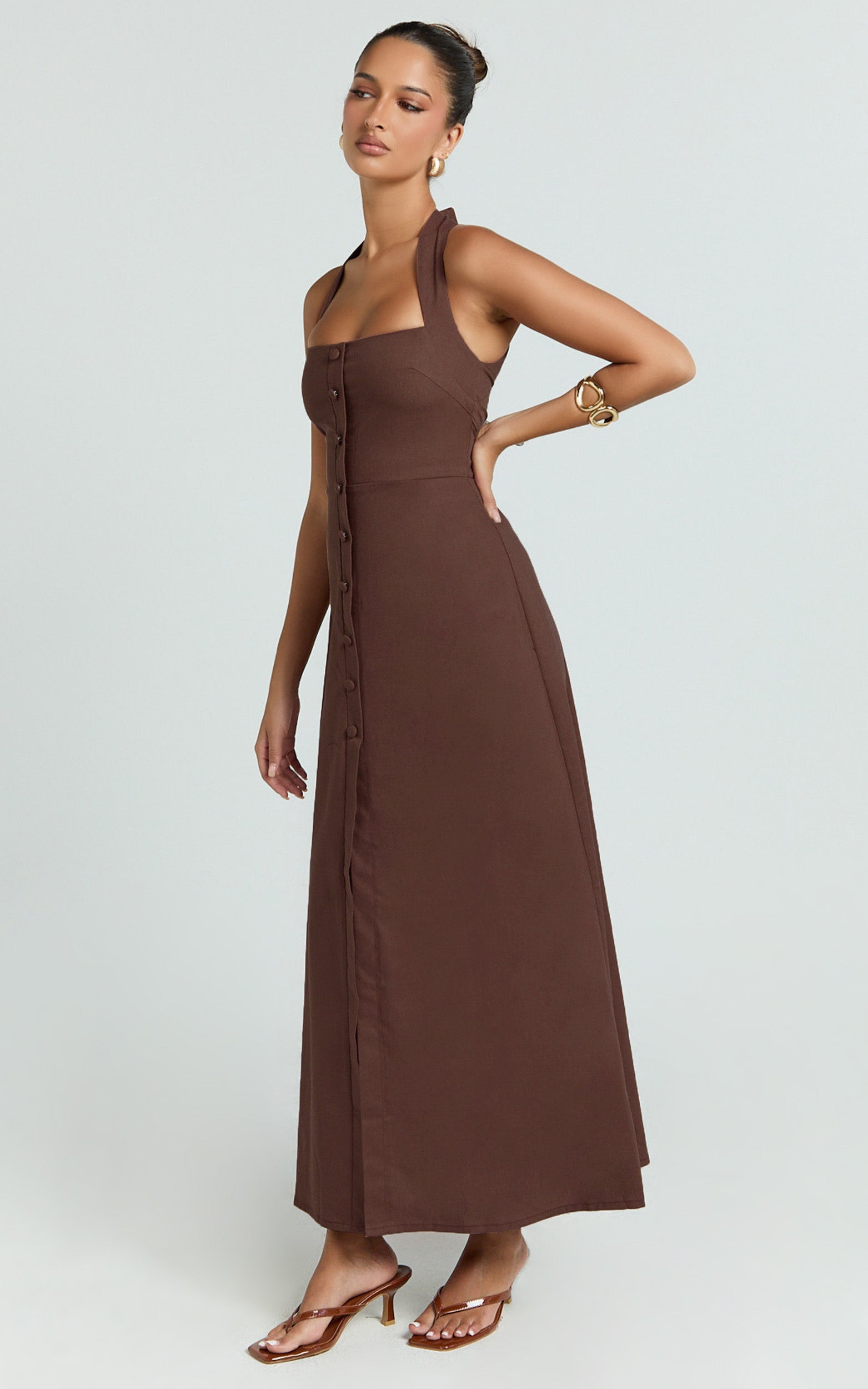 Marla Midi Dress - Square Neck Button Front Shift Dress in Chocolate