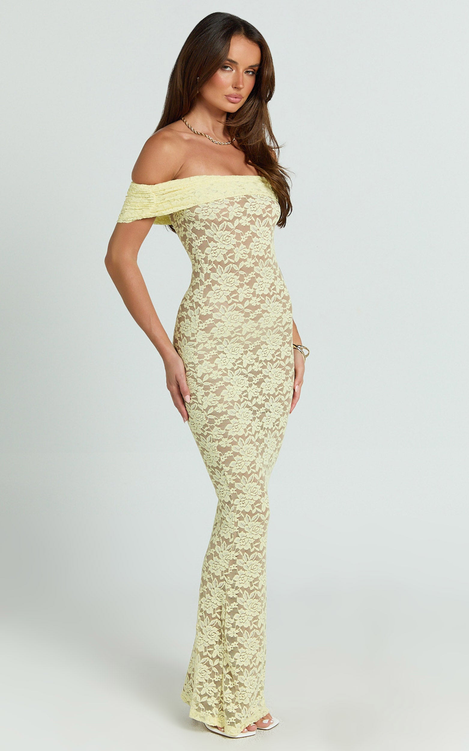 Nalani Maxi Dress - Lace Off Shoulder Column Bodycon Dress in Lemon