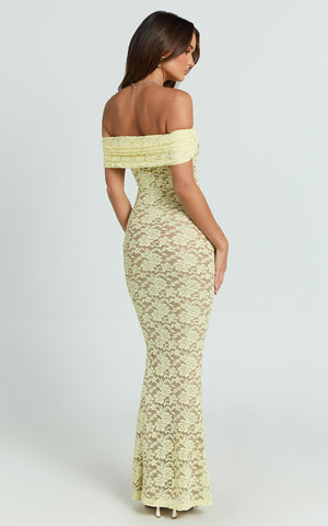 Nalani Maxi Dress - Lace Off Shoulder Column Bodycon Dress in Lemon